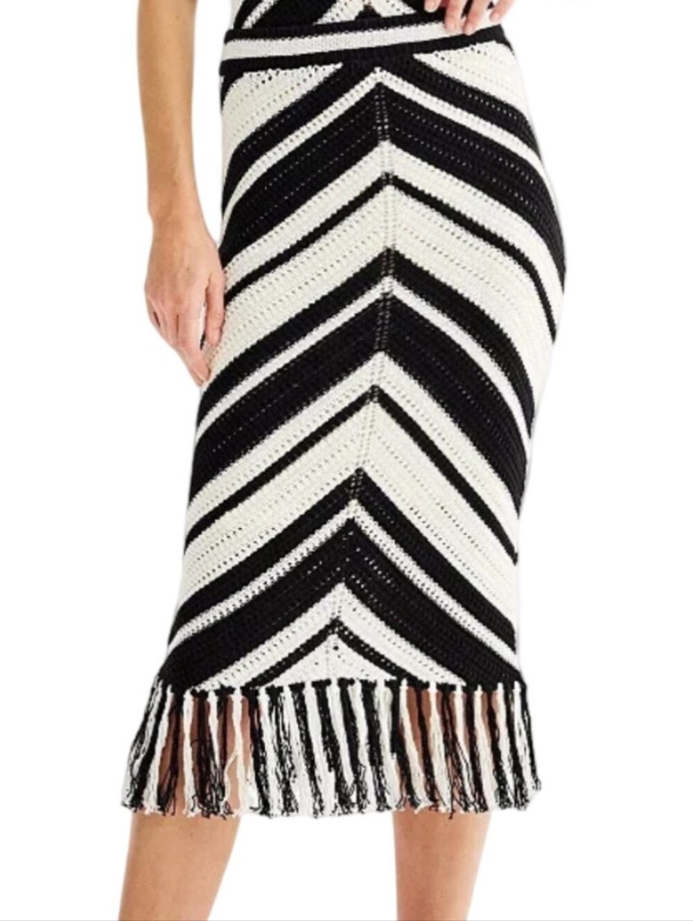 Nine West | Black & White Chevron Crochet Fringe Midi Skirt | Bohemian | Western